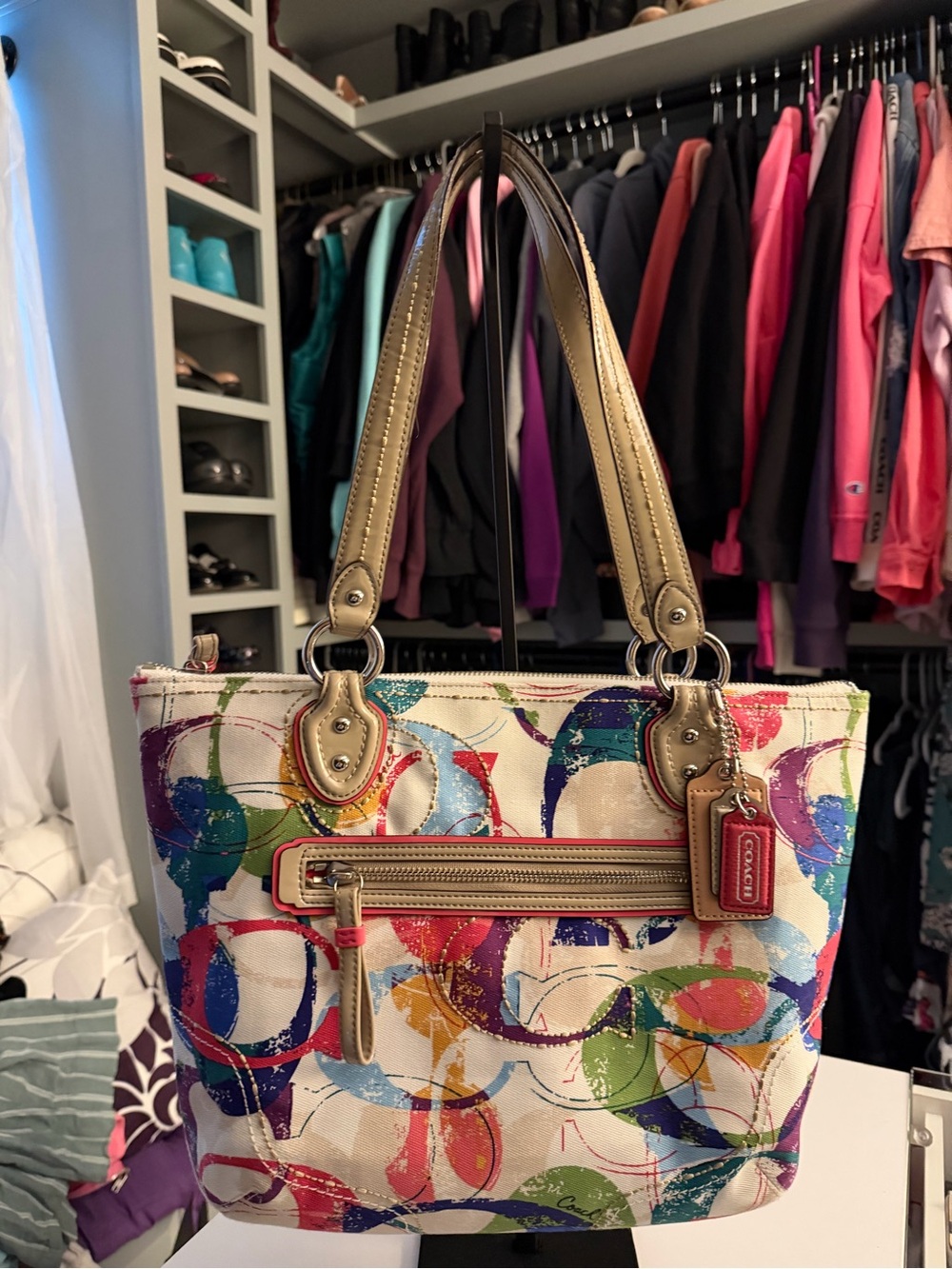 Coach Multicolor Circle-Print Shoulder Bag with Gold Handles